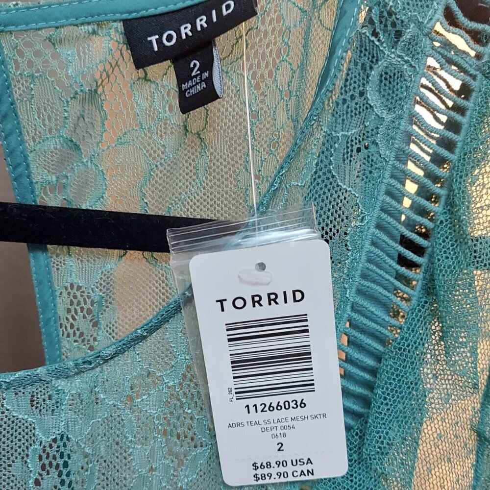 NWT Torrid Size 2 Teal Lace Mesh Skater Dress - Picture 2 of 5